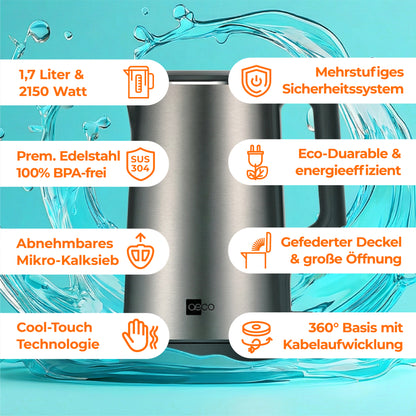 Der aeco AQA NEO Wasserkocher ist ein Edelstahl-Wasserkocher mit Sicherheitssystem, BPA-freiem Material, herausnehmbarem Filter, Cool-Touch-Technologie, Energieeffizienz und einem um 360° drehbaren Sockel.