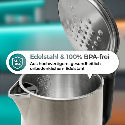 Der aeco AQA NEO Wasserkocher ist ein Edelstahl-Wasserkocher mit offenem Deckel, hergestellt aus lebensmittelechtem Material SUS 304 und 100% BPA-frei für einen sicheren und hochwertigen Gebrauch.