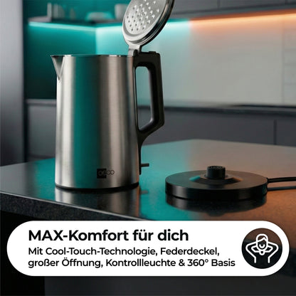 Der aeco AQA NEO Wasserkocher, ein Edelstahl-Wasserkocher mit offenem Deckel, steht auf einer Küchentheke neben seinem runden Sockel. Unterhalb des Bildes beschreibt ein deutscher Text seine Eigenschaften.