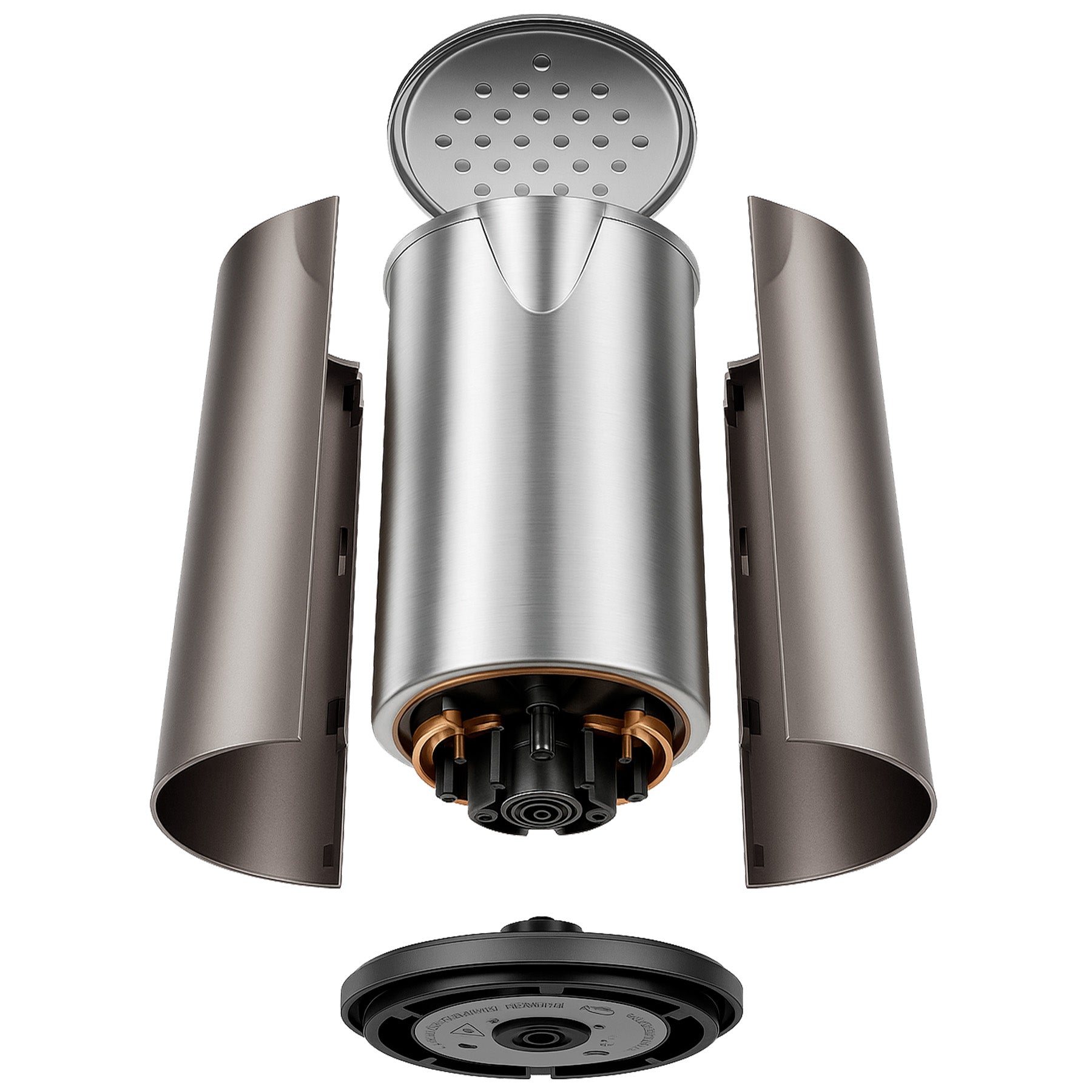 Die Explosionszeichnung des aeco AQA NEO Wasserkochers zeigt den zylindrischen Edelstahlkörper, die internen Komponenten und die runde Endkappe getrennt und vertikal ausgerichtet.