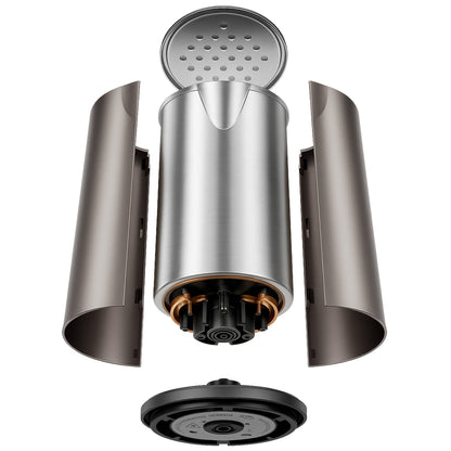 Die Explosionszeichnung des aeco AQA NEO Wasserkochers zeigt den zylindrischen Edelstahlkörper, die internen Komponenten und die runde Endkappe getrennt und vertikal ausgerichtet.