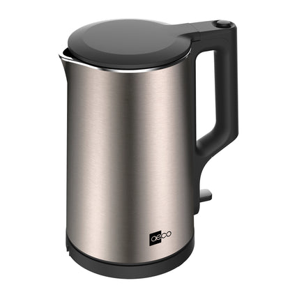 Der AQA NEO Wasserkocher von aeco ist ein elektrischer Wasserkocher aus Edelstahl mit schwarzem Griff und Deckel, Ausguss und sichtbarem Markenlogo in der Nähe des Bodens.