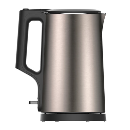 Der aeco AQA NEO Wasserkocher ist ein Edelstahl-Wasserkocher mit schwarzem Griff und Deckel, der im Profil auf weißem Hintergrund dargestellt ist.