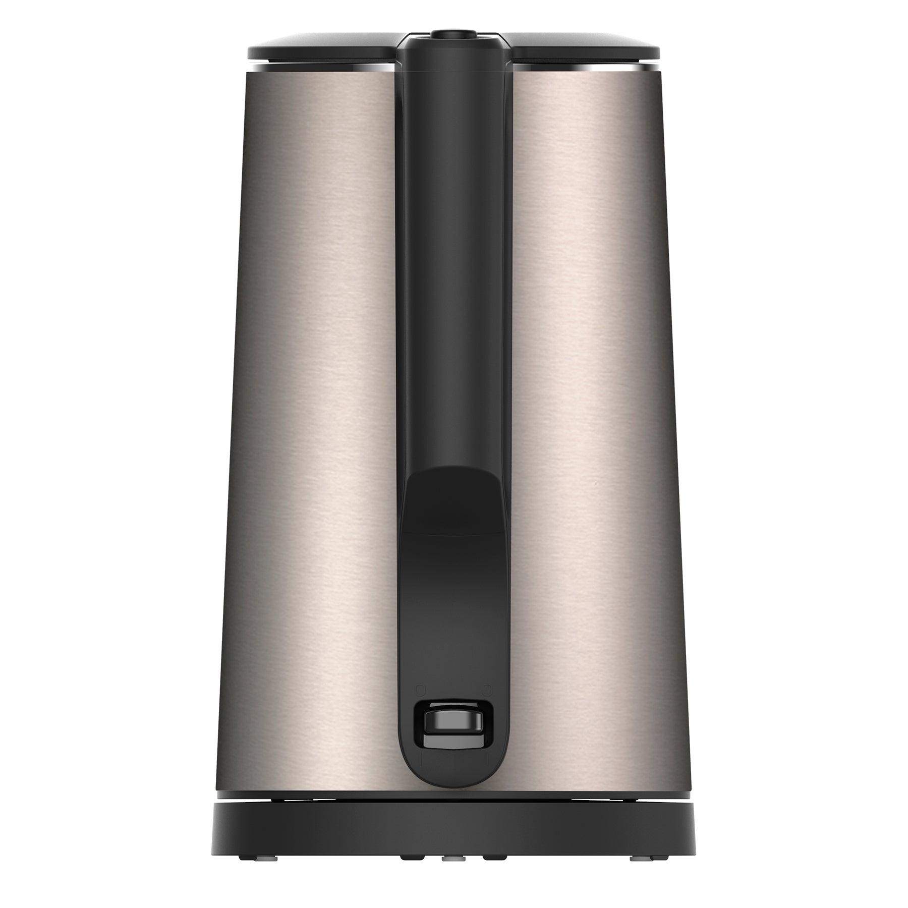 Der aeco AQA NEO Wasserkocher aus Edelstahl wird von hinten gezeigt, wobei der schwarze Griff und der Netzschalter sichtbar sind.