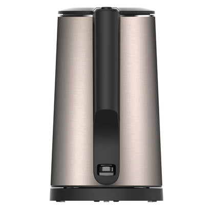 Der aeco AQA NEO Wasserkocher aus Edelstahl wird von hinten gezeigt, wobei der schwarze Griff und der Netzschalter sichtbar sind.