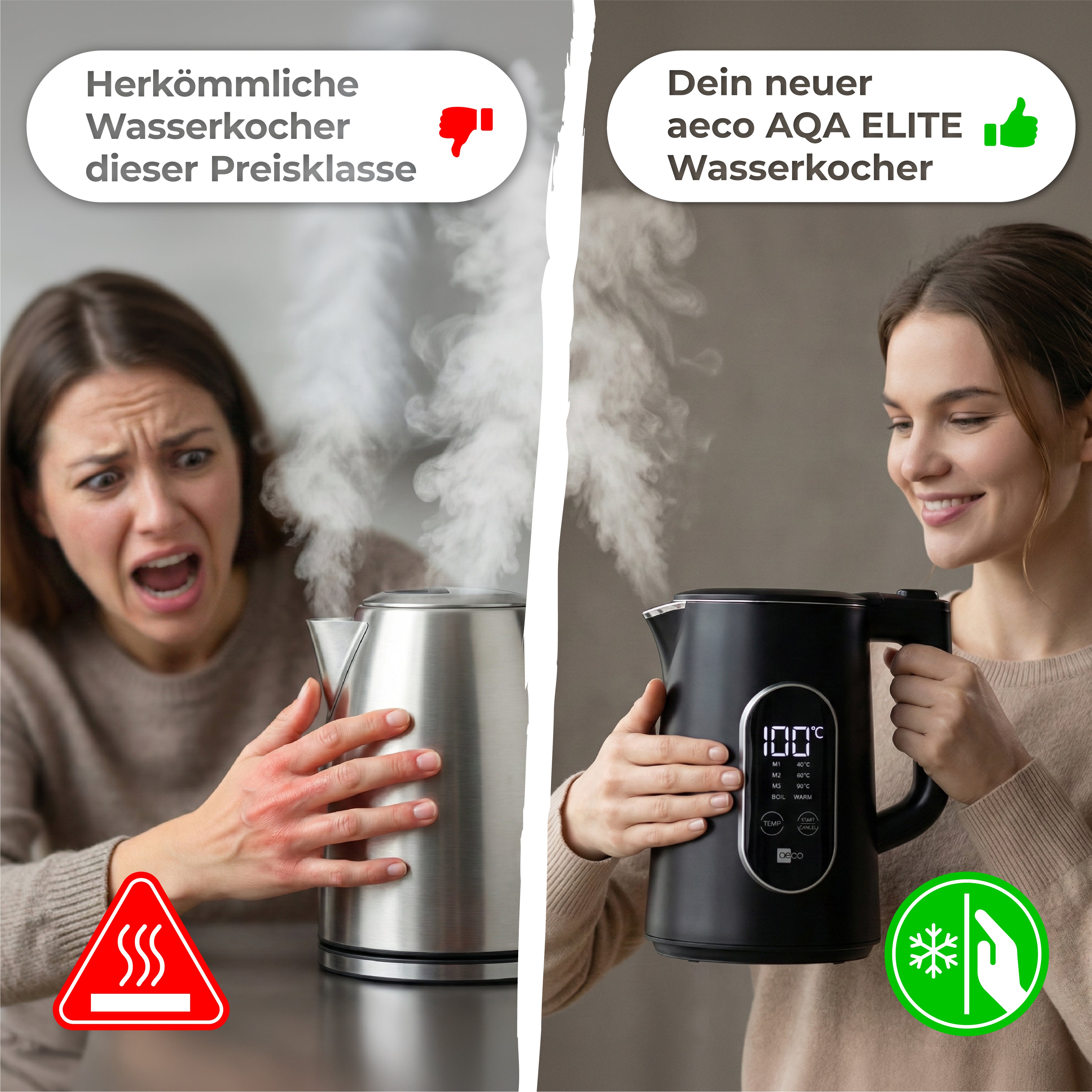 Geteiltes Bild: Links fasst eine frustrierte Frau einen dampfenden Metallkessel an; rechts hält eine lächelnde Frau den aeco AQA ELITE Wasserkocher - einen digitalen schwarzen Wasserkocher mit sichtbarer Temperaturanzeige.