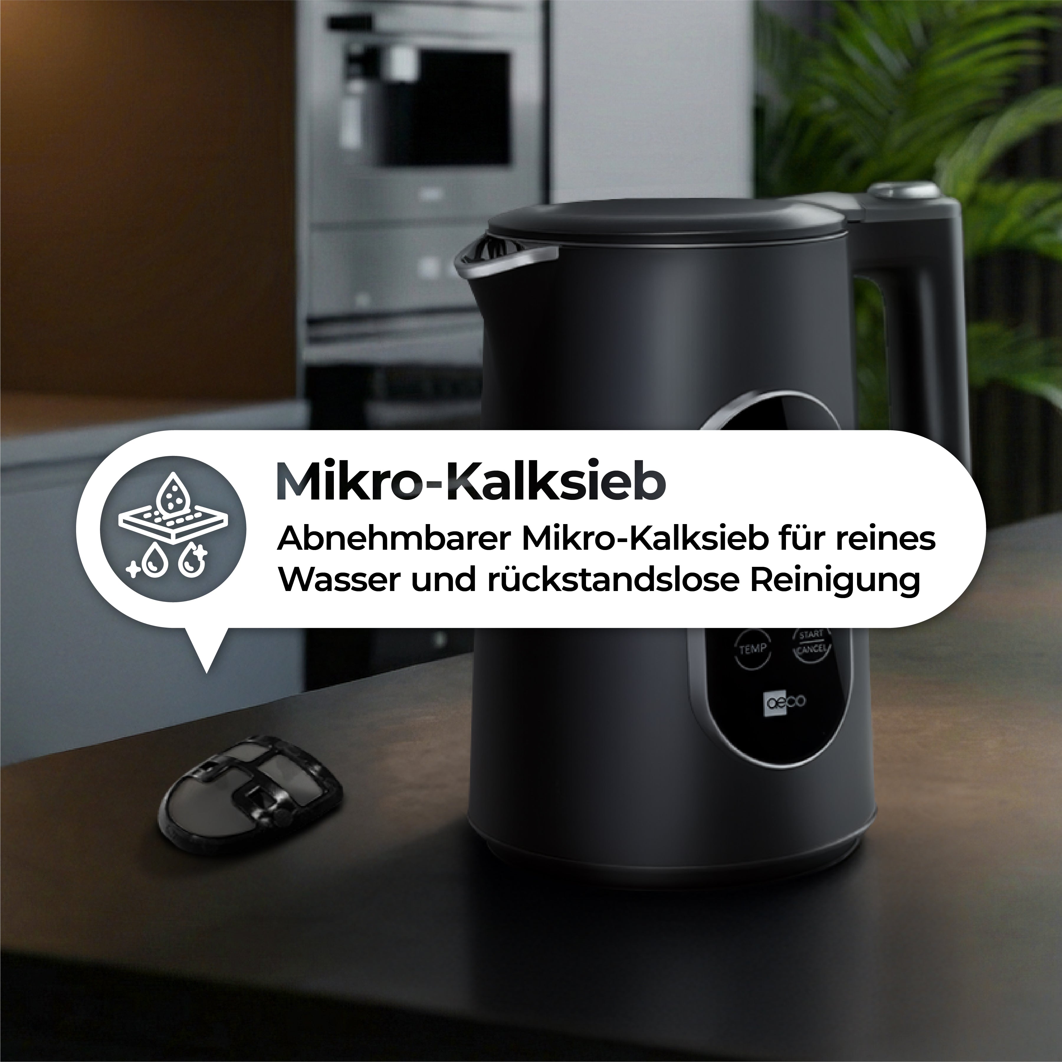 Der aeco AQA ELITE Wasserkocher, ein schwarzer Wasserkocher mit herausnehmbarem Mikrokalkfilter, wird auf einer Küchentheke mit hervorgehobenen Merkmalen in deutscher Sprache präsentiert.