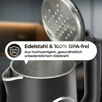 Der aeco AQA ELITE Wasserkocher ist ein 100% BPA-freier Wasserkocher aus hochwertigem, lebensmittelechtem SUS304-Edelstahl, der sicher kocht.