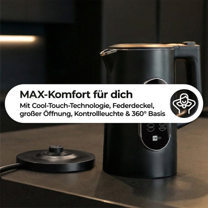 Der aeco AQA ELITE Wasserkocher, ein schwarzer Wasserkocher mit Deckel und Griff, steht auf der Küchentheke neben seinem abnehmbaren Sockel, der mit deutschen Funktionsbeschreibungen überlagert ist.