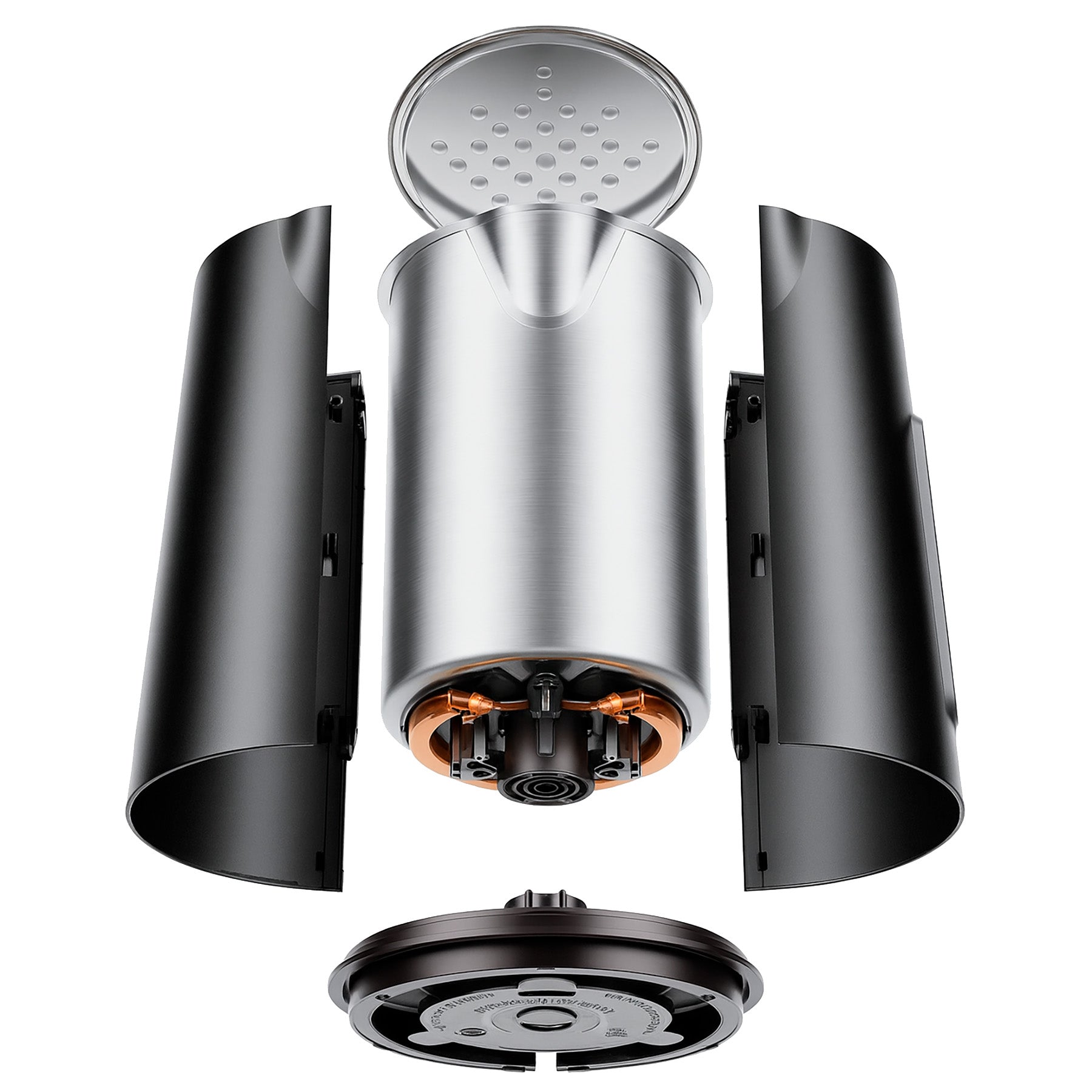 Explosionszeichnung des aeco AQA ELITE Wasserkochers, eines zylindrischen Edelstahlgeräts, mit Darstellung der inneren Komponenten mit zwei entfernten schwarzen Außenplatten und getrennten Ober- und Unterteilen.