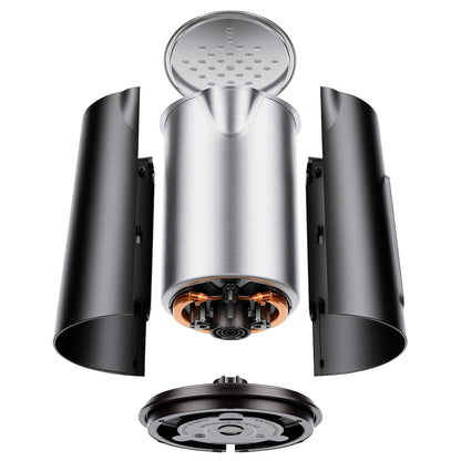 Explosionszeichnung des aeco AQA ELITE Wasserkochers, eines zylindrischen Edelstahlgeräts, mit Darstellung der inneren Komponenten mit zwei entfernten schwarzen Außenplatten und getrennten Ober- und Unterteilen.