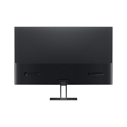 Der Xiaomi A27i Monitor 27 Zoll in Schwarz ist von hinten zu sehen und verfügt über ein Full HD-Panel, Anschlüsse auf der linken Seite und einen zentralen Standfuß.
