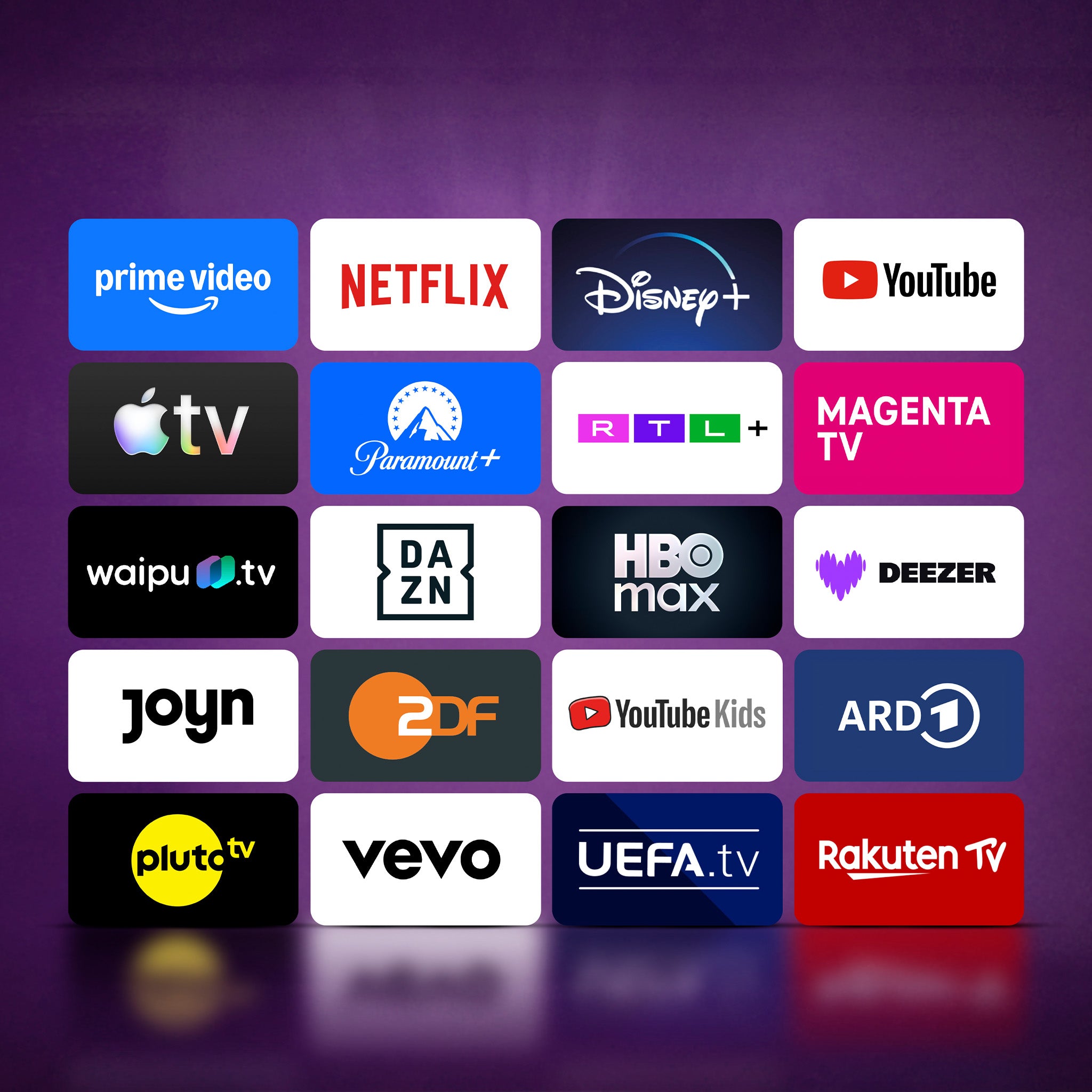 Ein Raster aus 20 Logos von Streaming-Diensten – darunter Netflix, YouTube, Disney+, Apple TV, HBO Max, Paramount+, Pluto TV, Vevo, DAZN, RTL+, Magenta TV und weitere – wird auf violettem Hintergrund angezeigt – ideal für den Genuss auf Ihrem HD-Smart-TV oder dem Dyon Movie Smart 24 VX 24-Zoll-HD-Smart-TV.
