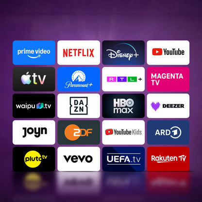 Ein Raster aus 20 Logos von Streaming-Diensten – darunter Netflix, YouTube, Disney+, Apple TV, HBO Max, Paramount+, Pluto TV, Vevo, DAZN, RTL+, Magenta TV und weitere – wird auf violettem Hintergrund angezeigt – ideal für den Genuss auf Ihrem HD-Smart-TV oder dem Dyon Movie Smart 24 VX 24-Zoll-HD-Smart-TV.