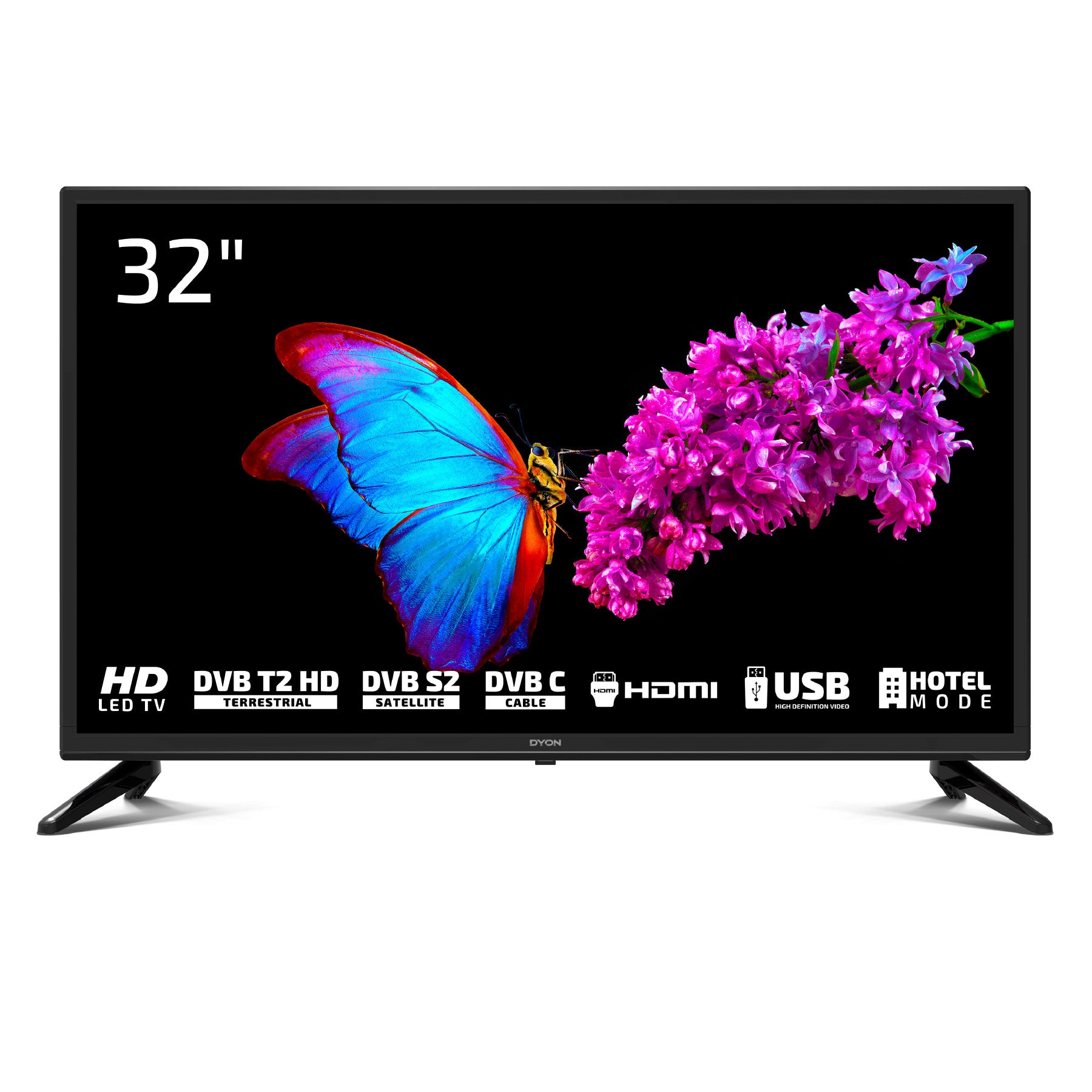 Der DYON Enter 32 Pro X2 32-Zoll-HD-Fernseher (gebraucht) von Dyon zeigt einen blauen Schmetterling auf einer violetten Blume. Am unteren Bildschirmrand werden Symbole für DVB, HDMI, USB und den Hotelmodus angezeigt – ideal als gebrauchter Fernseher mit vielseitigen Anschlussmöglichkeiten.