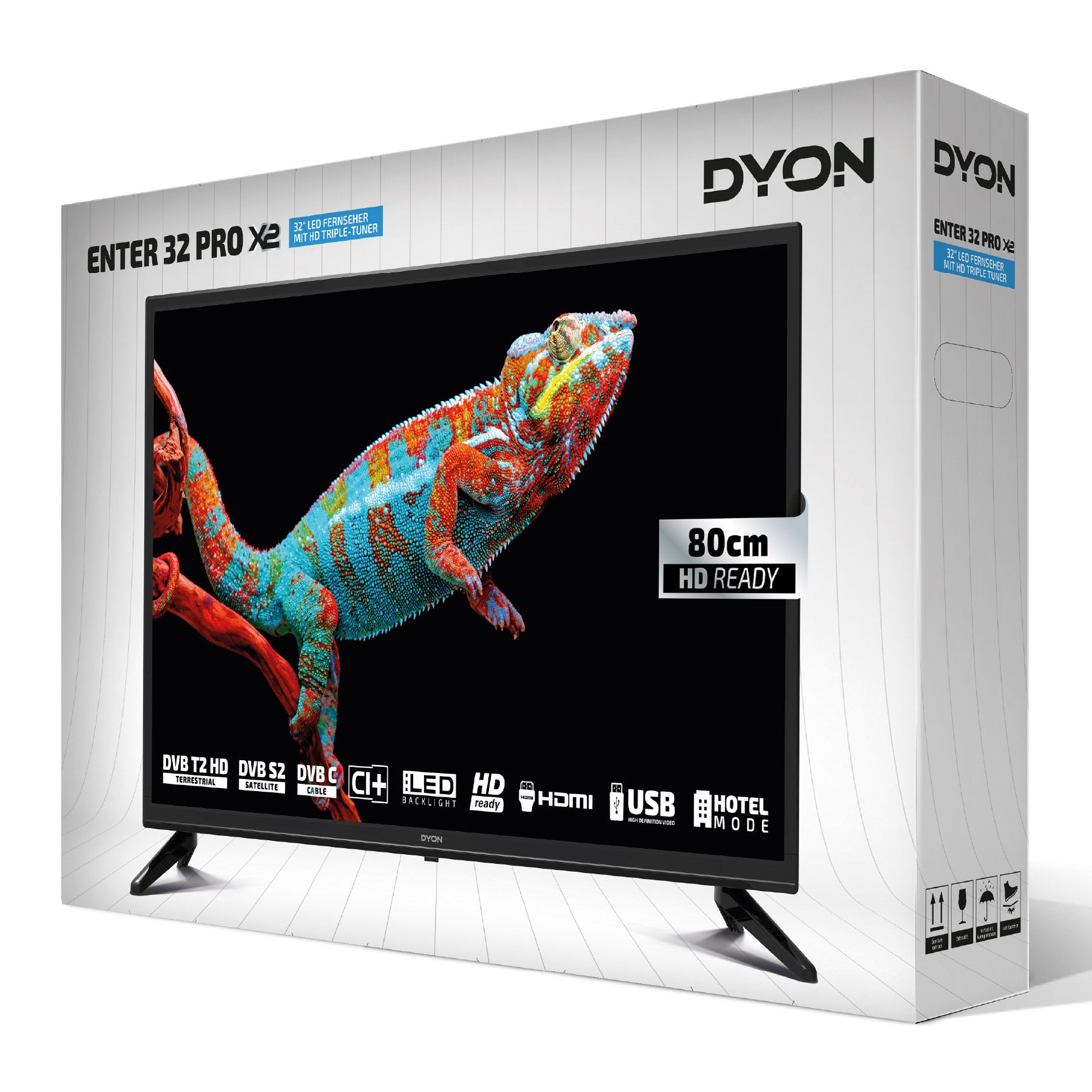 Ein gebrauchter Dyon Enter 32 Pro X2 32-Zoll-HD-Fernseher wird in der Originalverpackung angeboten und zeigt auf dem Bildschirm ein lebhaftes Eidechsenbild. Dieser 32-Zoll-HD-LED-Fernseher überzeugt durch sein 80 cm großes HD-Display, einen integrierten DVB-Tuner, mehrere HDMI- und USB-Anschlüsse sowie einen praktischen Hotelmodus – damit ist er die ideale Wahl für vielfältige Unterhaltungsbedürfnisse.