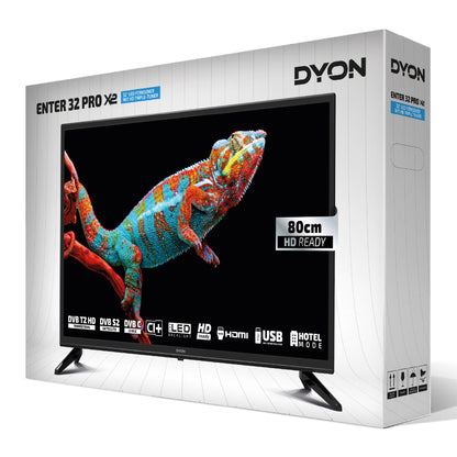 Ein gebrauchter Dyon Enter 32 Pro X2 32-Zoll-HD-Fernseher wird in der Originalverpackung angeboten und zeigt auf dem Bildschirm ein lebhaftes Eidechsenbild. Dieser 32-Zoll-HD-LED-Fernseher überzeugt durch sein 80 cm großes HD-Display, einen integrierten DVB-Tuner, mehrere HDMI- und USB-Anschlüsse sowie einen praktischen Hotelmodus – damit ist er die ideale Wahl für vielfältige Unterhaltungsbedürfnisse.