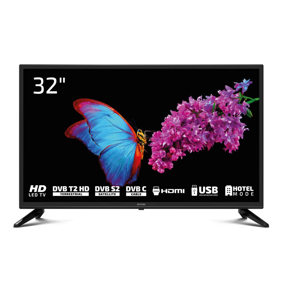 Der Dyon Enter 32 Pro X2 zeigt einen blauen und roten Schmetterling auf violetten Blumen. Auf dem Bildschirm sind Icons für HD Triple Tuner, HDMI, USB-Schnittstelle und Hotelmodus zu sehen.