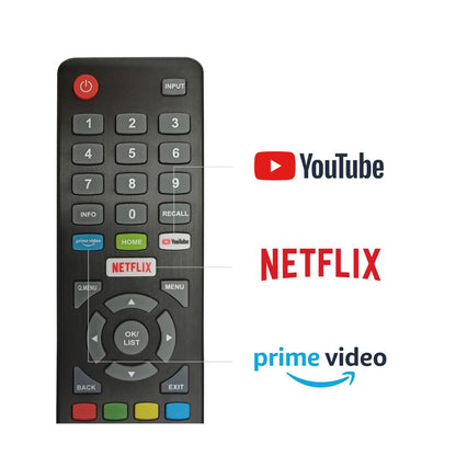 Eine TV-Fernbedienung für Ihren Dyon Smart 32 XT HD mit speziellen, mit dem Logo versehenen Tasten für Netflix und Amazon Prime Video auf der rechten Seite für schnelles und einfaches Streaming.
