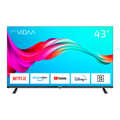 Der Dyon Smart 43 VX Smart LED TV verfügt über ein 43-Zoll-Display mit Streaming-Service-Symbolen für Netflix, Prime Video, YouTube, Disney+ und DAZN auf dem Startbildschirm.