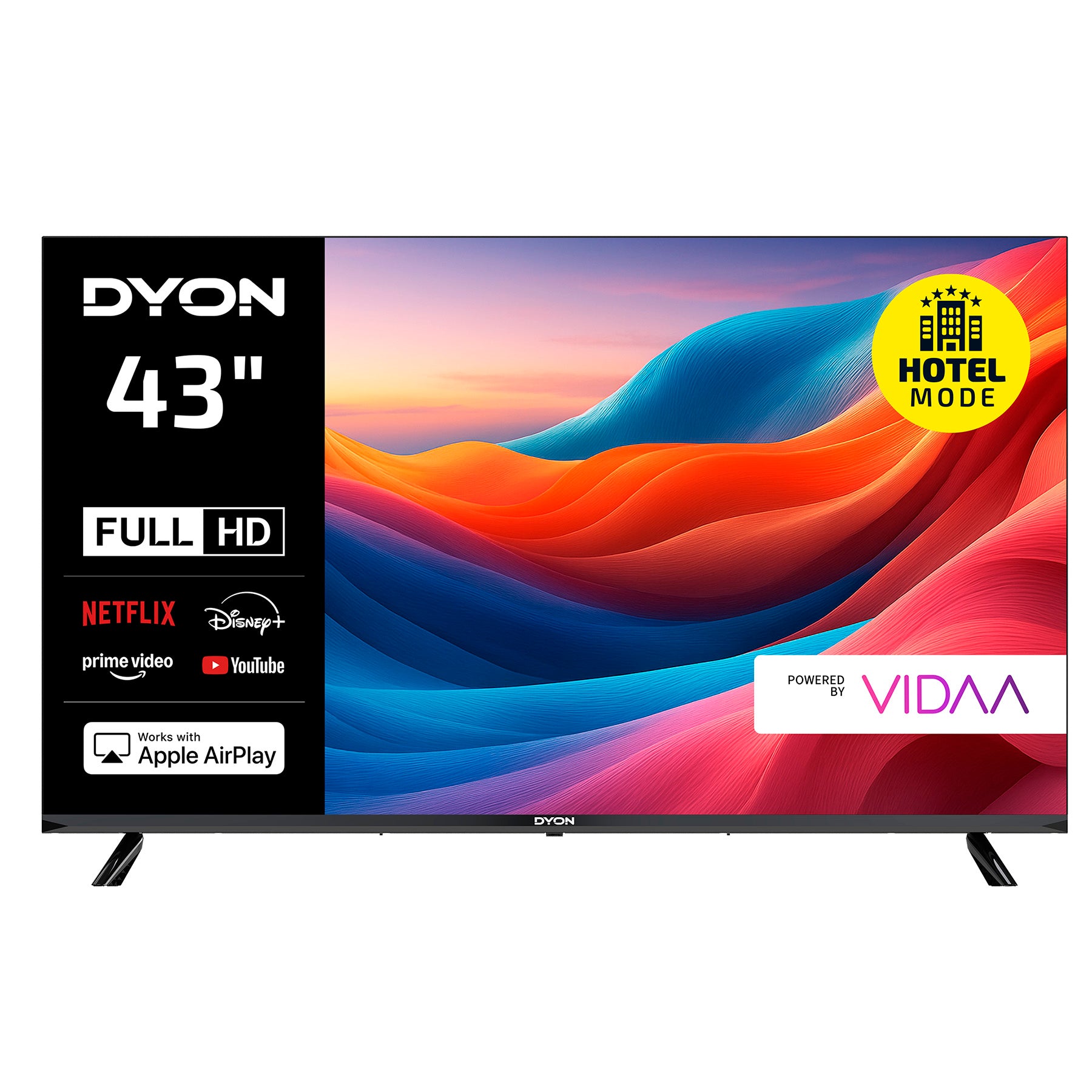 Ein Dyon Smart 43 VX 43-Zoll (108 cm) Full HD Smart LED-Fernseher mit Streaming-App-Logos, Apple AirPlay-Unterstützung und einem Hotelmodus-Aufkleber auf dem Bildschirm.