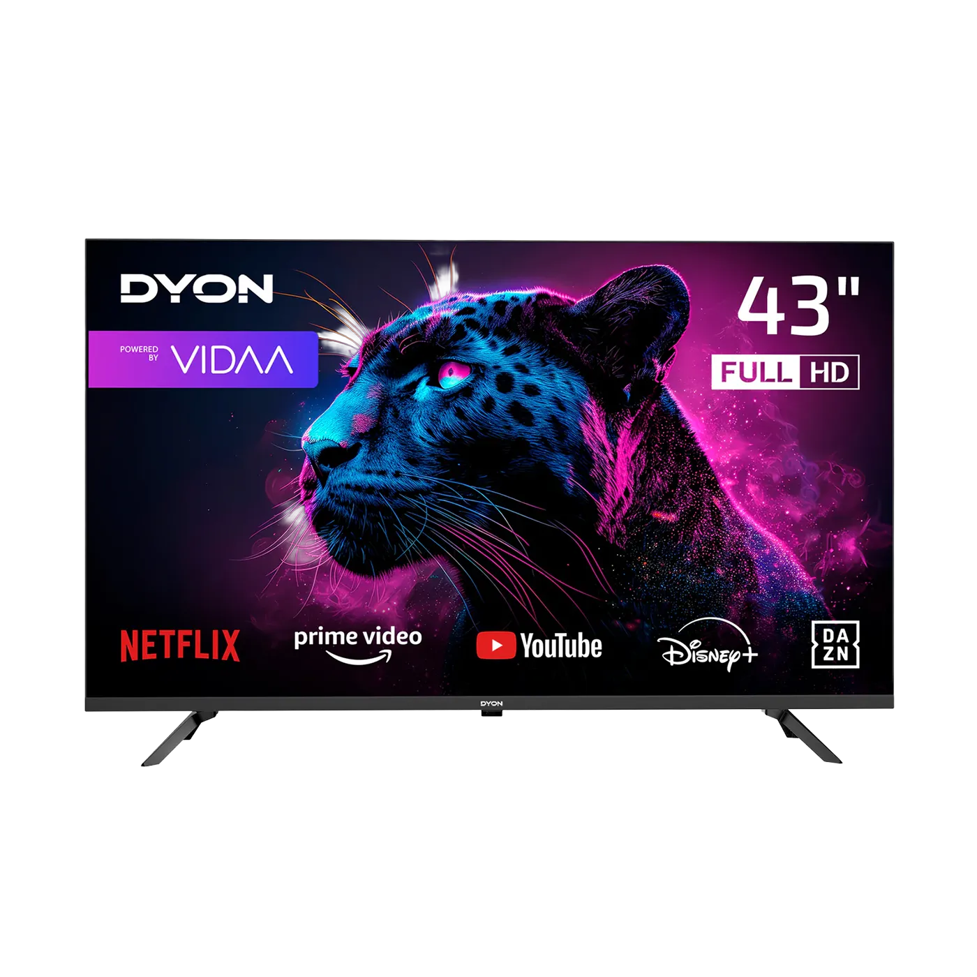 Frontansicht eines Dyon Movie Smart 43 VX (43 Zoll, 108 cm) Full HD-Fernsehers, der ein digitales Panther-Bild und Streaming-Apps wie Netflix, Prime Video, YouTube, Disney+ und DAZN auf dem Bildschirm anzeigt.
