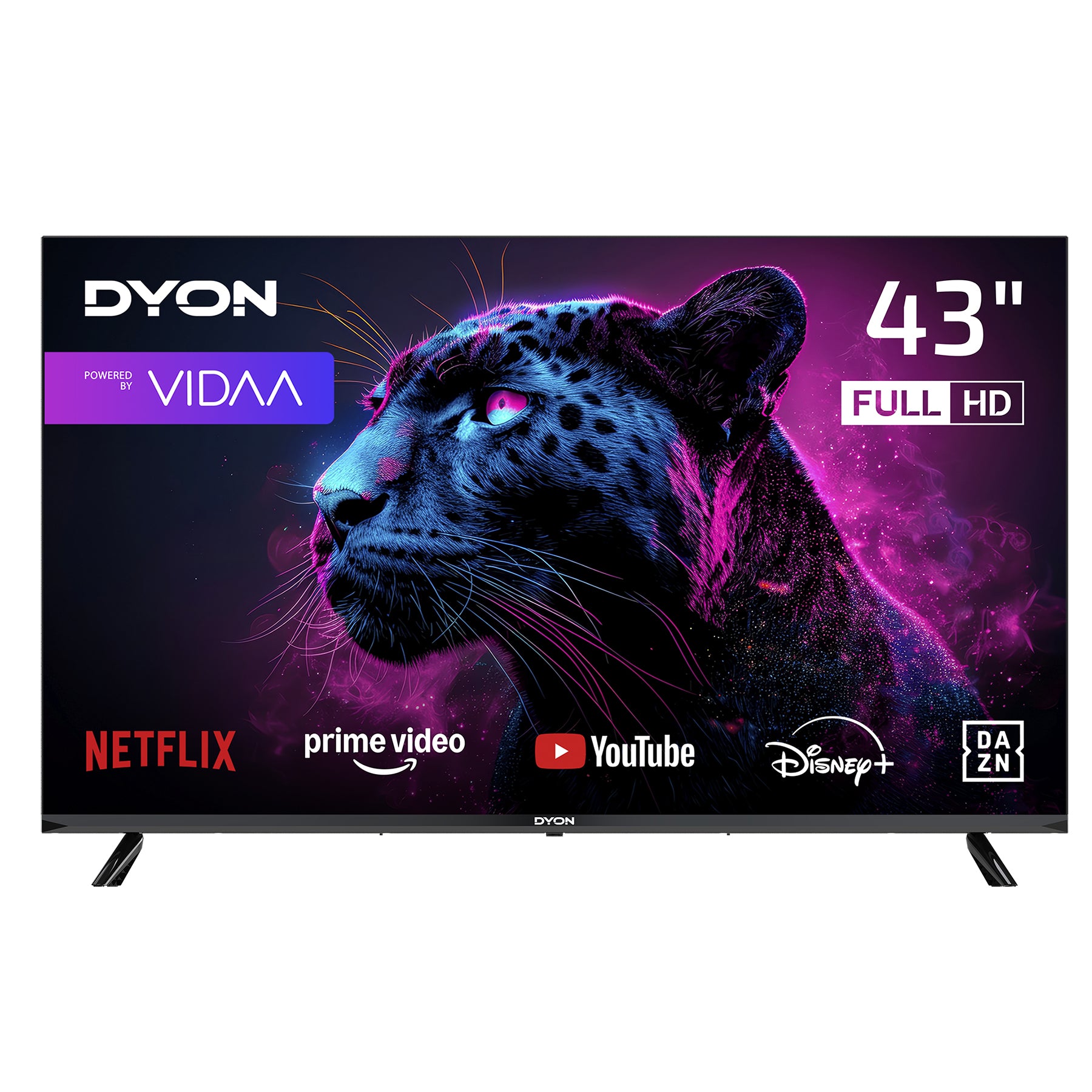 Der Dyon Movie Smart 43 VX ist ein 43-Zoll-Full-HD-Smart-TV, auf dessen Bildschirm eine schwarze Pantherin sowie die Logos von Netflix, Prime Video, YouTube, Disney+ und DAZN zu sehen sind, was seine Streaming-Fähigkeiten und das „Powered by VIDAA“-System unterstreicht. Dieser stilvolle Fernseher verfügt zudem über einen HD-Dreifach-Tuner für vielseitige Sehmöglichkeiten.