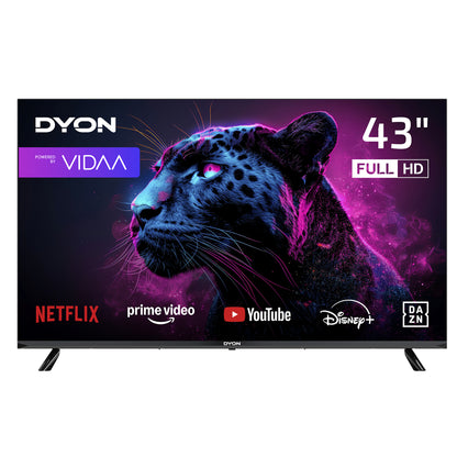 Der Dyon Movie Smart 43 VX ist ein 43-Zoll-Full-HD-Smart-TV, auf dessen Bildschirm eine schwarze Pantherin sowie die Logos von Netflix, Prime Video, YouTube, Disney+ und DAZN zu sehen sind, was seine Streaming-Fähigkeiten und das „Powered by VIDAA“-System unterstreicht. Dieser stilvolle Fernseher verfügt zudem über einen HD-Dreifach-Tuner für vielseitige Sehmöglichkeiten.