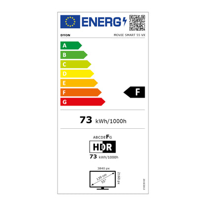 Energieeffizienzlabel für den Fernseher Dyon Movie Smart 55 VX, Klasse F, 73 kWh/1000h, 4K UHD, Triple Tuner, VIDAA OS und ein 139 cm (55") großes Display.