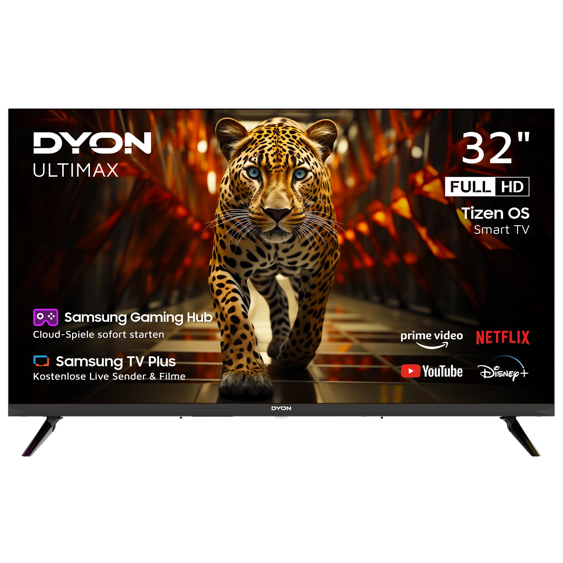 Der Dyon Ultimax 32F-TI 32-Zoll-Full-HD-Smart-TV zeigt einen Leoparden auf dem Bildschirm, auf dem Samsung TV Plus und Streaming-App-Symbole wie Netflix, YouTube, Disney+ und Prime Video sichtbar sind.