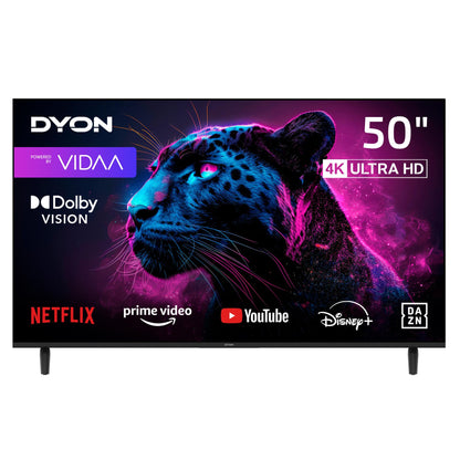 Der Dyon Movie Smart 50 VX, ein 50-Zoll-4K-Ultra-HD-Smarter-LED-Fernseher mit Triple-Tuner und Dolby Vision, zeigt auf seinem Display eine Neon-Panther-Grafik, Streaming-App-Logos und VIDAA-Branding.