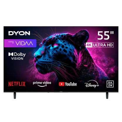 Frontansicht eines Dyon MOVIE SMART 55 VX-2 Smart LED-Fernsehers (55 Zoll, 139 cm) mit Logos von Streaming-Diensten und einem neonbeleuchteten schwarzen Panther auf dem Bildschirm.