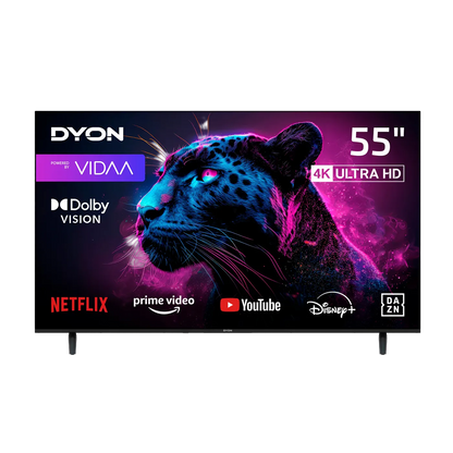 Ein Dyon MOVIE SMART 55 VX-2 Smart TV (55 Zoll, 139 cm) mit einer neonfarbenen Leopardengrafik und Logos von Streaming-Diensten: Netflix, Prime Video, YouTube, Disney+ und DAZN.