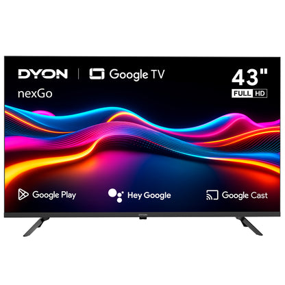 Ein Dyon nexGo 43F Smart LED-Fernseher zeigt bunte Wellen mit den Logos von Google Play, Hey Google und Google Cast.