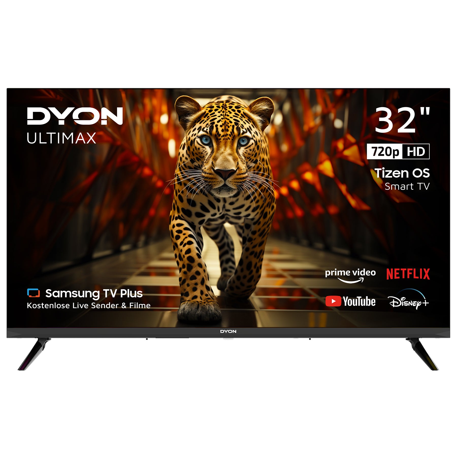 Der 32 Zoll große Dyon Ultimax 32H-TI-W HD Smart TV zeigt einen Leoparden auf dem Bildschirm, läuft mit Tizen OS, hat 720p HD und bietet beste Unterhaltung mit Samsung TV Plus, YouTube, Netflix, Prime Video und Disney+.