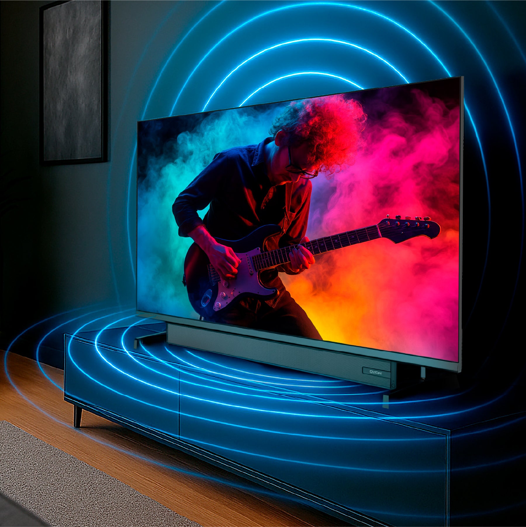 Ein Dyon Movie Smart 32 VX-S (32 Zoll, 80 cm) Fernseher zeigt ein lebhaftes, gitarrenähnliches Bild, das von blauen Klangwellen umgeben ist, um sein immersives Audioerlebnis zu unterstreichen.