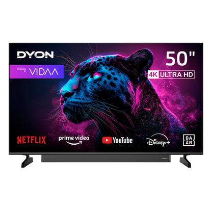 Ein Dyon Movie Smart 50 VX-S (50 Zoll, 126 cm) 4K Ultra HD-Fernseher zeigt auf seinem Bildschirm Logos von Streaming-Diensten und ein neonfarbenes Bild eines schwarzen Panthers.