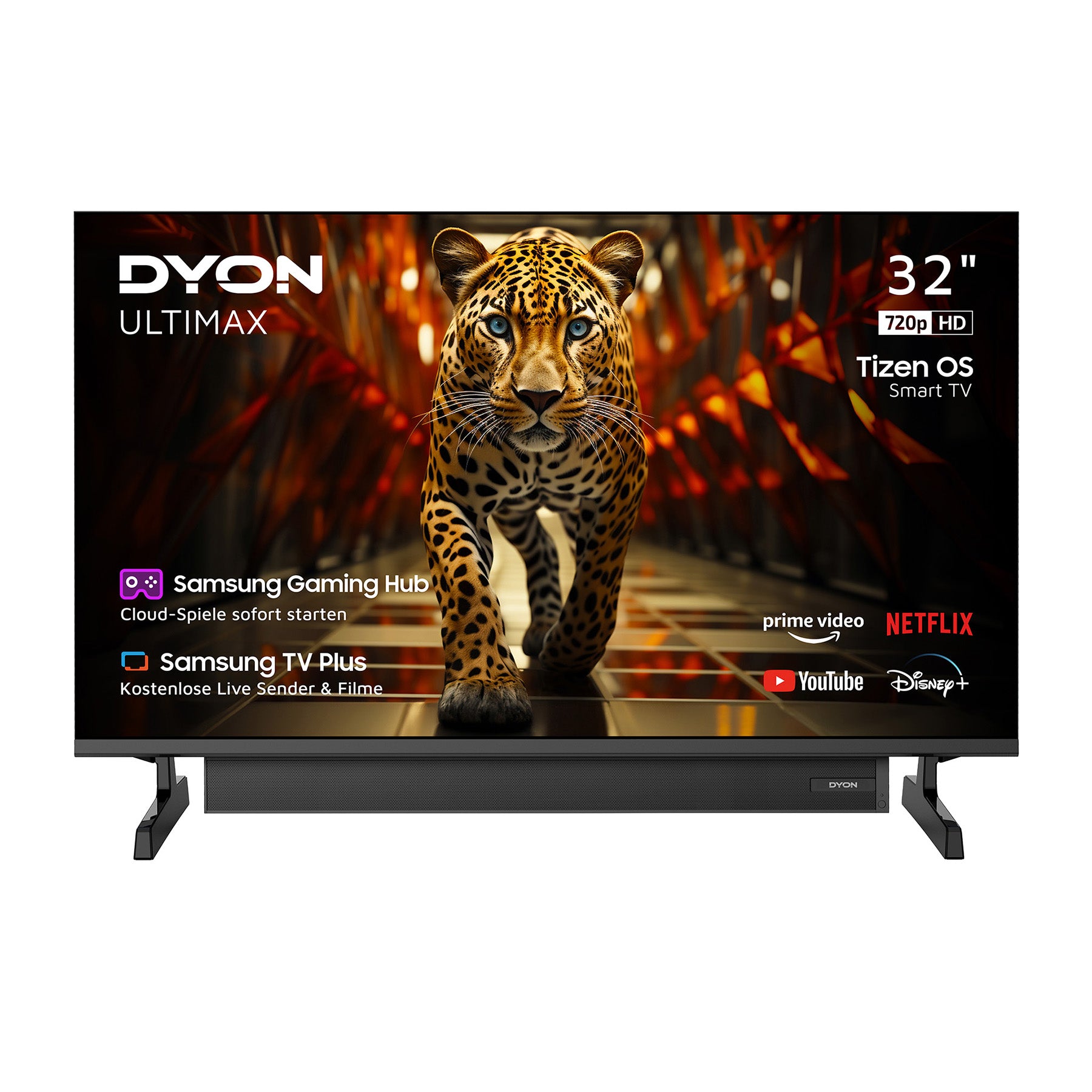 Ein DYON Ultimax 32H-TI-WS 32-Zoll-HD-Smart-TV von Samsung mit Tizen – Soundboost zeigt einen Leoparden auf dem Bildschirm. Logos von Streaming-Apps wie Prime Video, Netflix und Disney+ sind zu sehen, ebenso wie die Produktfunktionen, die auf der linken Seite angezeigt werden. Dieser Dyon-Smart-TV mit Samsung Tizen OS bietet ein nahtloses und intuitives Unterhaltungserlebnis.