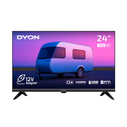 Ein Dyon Enter 24 Pro-X-V Standard-TV (24 Zoll, 60 cm) zeigt ein digitales Bild eines Wohnwagens, wobei die Funktionssymbole auf der unteren Blende sichtbar sind.