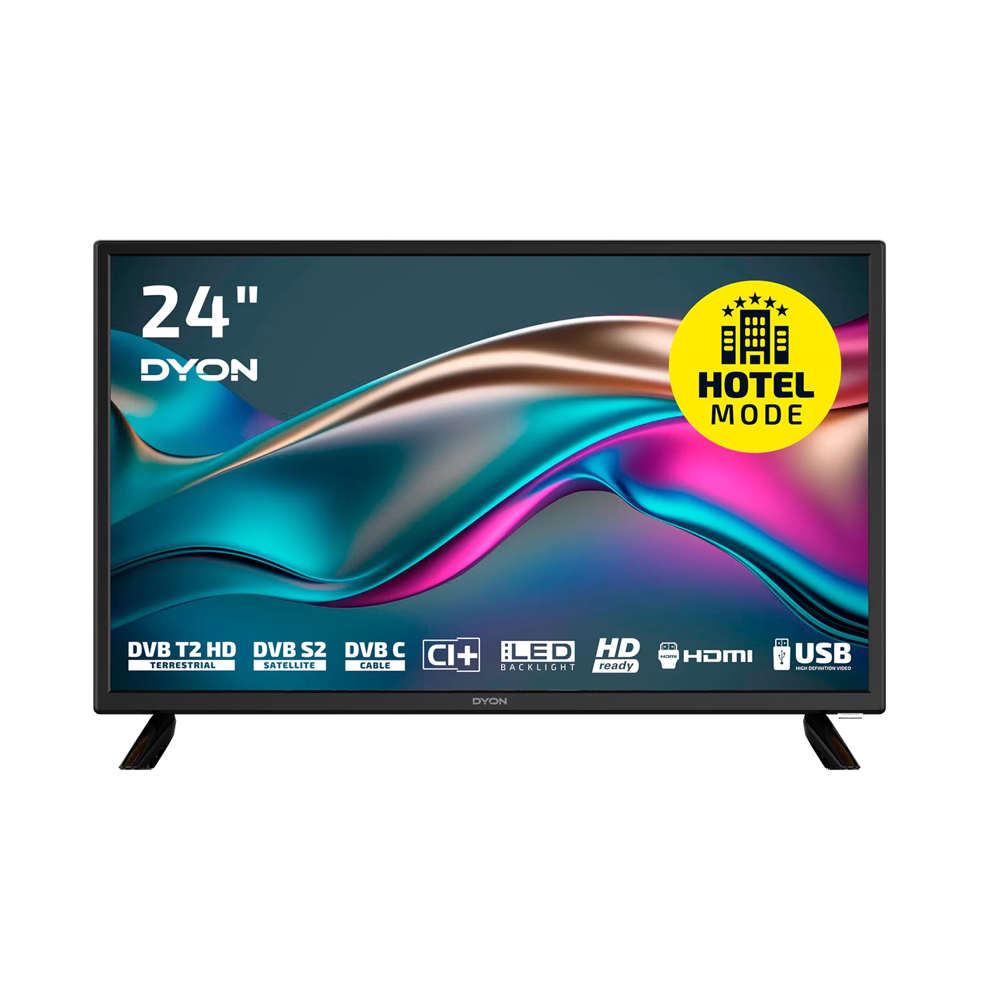 Der Dyon Enter 24 Pro X2 Standard-Fernseher verfügt über ein 24-Zoll-LED-Display, Hotelmodus, DVB T2 HD, DVB S2, DVB C, CI+, LED-Hintergrundbeleuchtung, HD ready-Auflösung sowie HDMI- und USB-Anschlussmöglichkeiten.