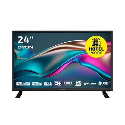 Der Dyon Enter 24 Pro X2 Standard-Fernseher verfügt über ein 24-Zoll-LED-Display, Hotelmodus, DVB T2 HD, DVB S2, DVB C, CI+, LED-Hintergrundbeleuchtung, HD ready-Auflösung sowie HDMI- und USB-Anschlussmöglichkeiten.