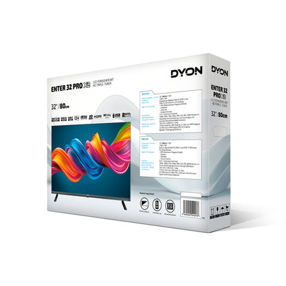 Es wird die Rückseiten Verpackung des DYON Enter 32 Pro-X2 gezeigt. Auf dieser sind neben einer TV Abbildung auch Key Facts wie 32", HD, Triple Tuner, Ci+.