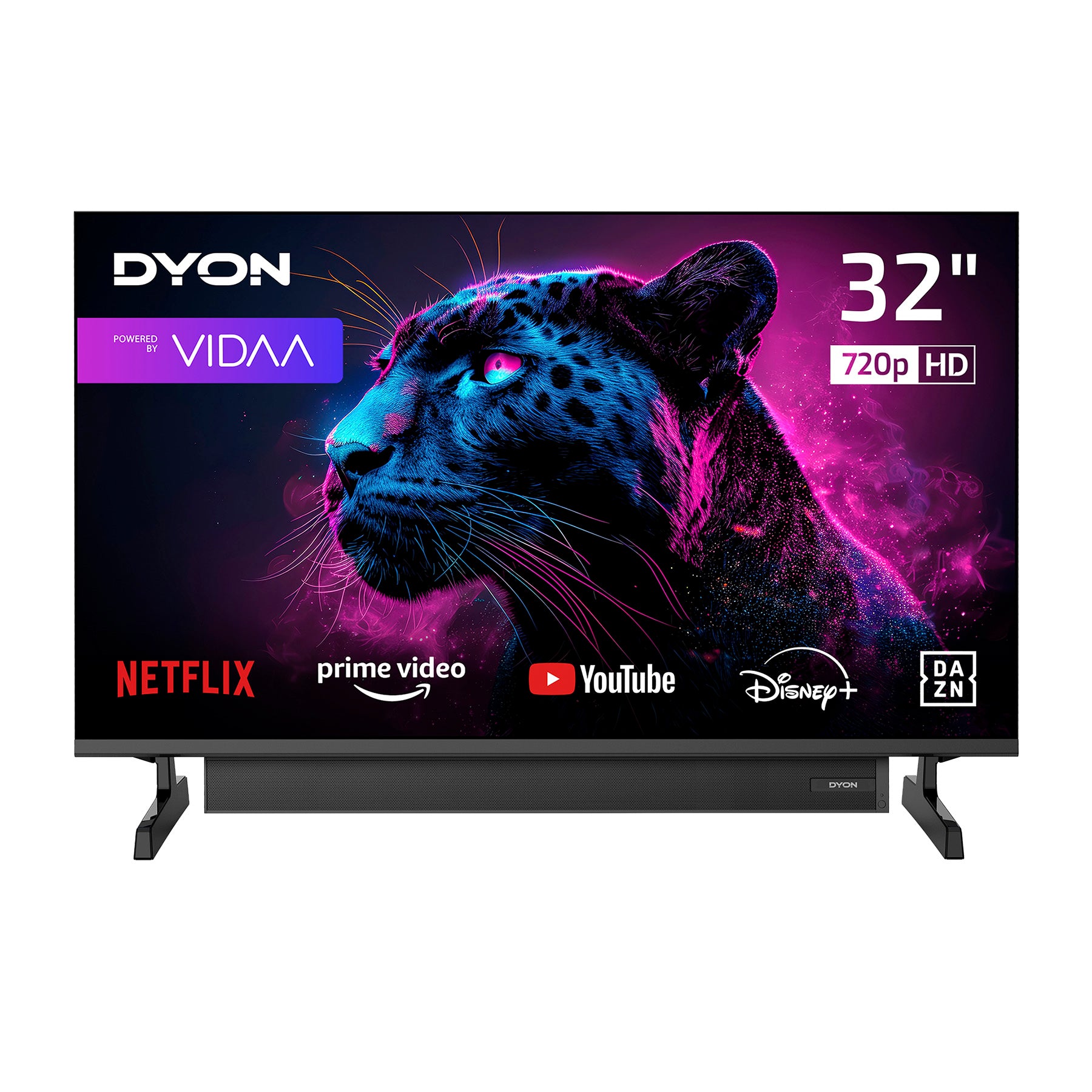 Der DYON Movie Smart 32 VX-S (32 Zoll, 80 cm) Fernseher zeigt Streaming-Apps wie Netflix, Prime Video, YouTube, Disney+ und DAZN mit einem neonfarbenen Jaguar-Bild und "720p HD" auf dem Bildschirm an. Zudem hat er ein integrierte Soundboos für deutlicheren Klang.