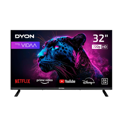 Der Dyon Movie Smart 32 VX Smart TV (32 Zoll/80 cm) verfügt über ein 720p HD-Display, ein VIDAA Betriebssystem, einen eingebauten Triple Tuner und Smart Streaming, hier mit Logos von Streaming-Diensten und einem neonbeleuchteten Panther auf dem Bildschirm.
