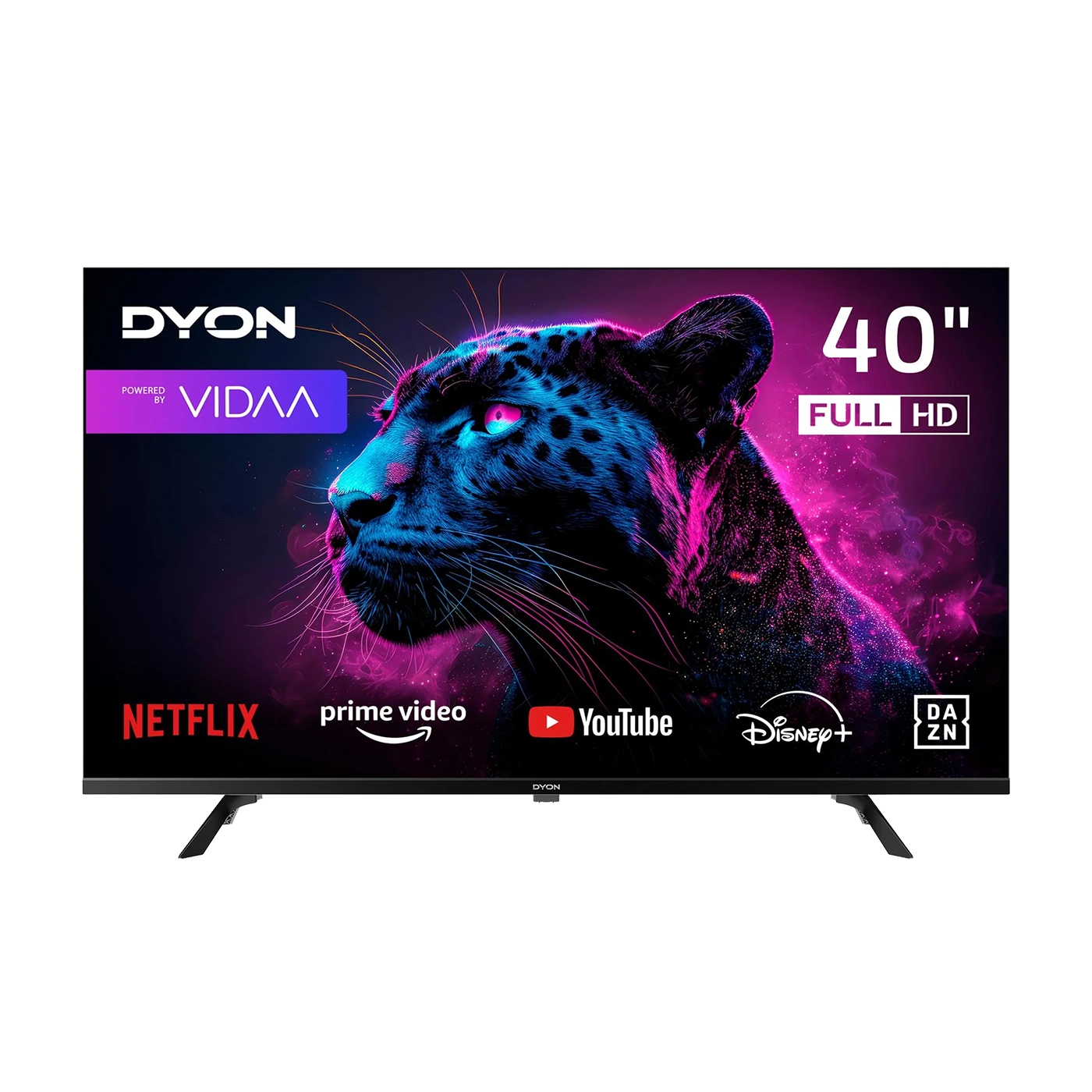Der Full HD-Fernseher Dyon Movie Smart 40 VX-2 (40 Zoll, 100 cm) zeigt auf seinem Bildschirm Logos von Streaming-Apps und eine neonbeleuchtete Panther-Grafik.