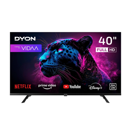 Der Full HD-Fernseher Dyon Movie Smart 40 VX-2 (40 Zoll, 100 cm) zeigt auf seinem Bildschirm Logos von Streaming-Apps und eine neonbeleuchtete Panther-Grafik.