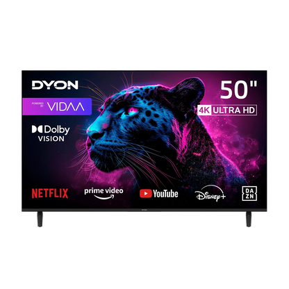 Der Dyon Movie Smart 50 VX Smart TV (50 Zoll, 126 cm) mit 4K Ultra HD zeigt Logos von Streaming-Diensten an und verfügt über eine Grafik eines schwarzen Panthers mit Neon-Akzenten.