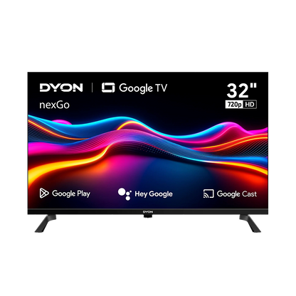 Ein Dyon nexGo 32H Smart TV (32 Zoll, 80 cm) zeigt ein farbenfrohes Wellenmuster auf dem Bildschirm, wobei die Symbole für Google Play, Hey Google und Google Cast am unteren Rand angezeigt werden.