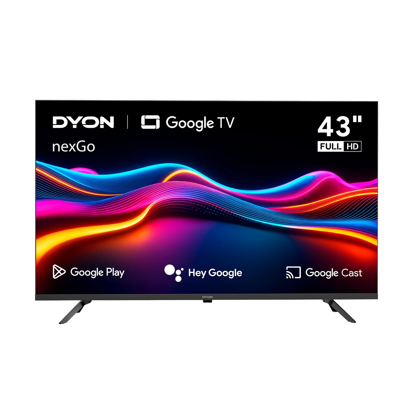 Der Dyon nexGo 43F Smart TV (43 Zoll, 108 cm) zeigt auf seinem Bildschirm lebendige Wellenlinien und Icons für Google Play, Hey Google und Google Cast.