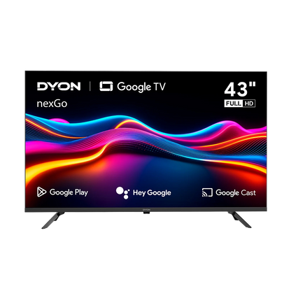 Der Dyon nexGo 43F Smart TV (43 Zoll, 108 cm) zeigt auf seinem Bildschirm lebendige Wellenlinien und Icons für Google Play, Hey Google und Google Cast.